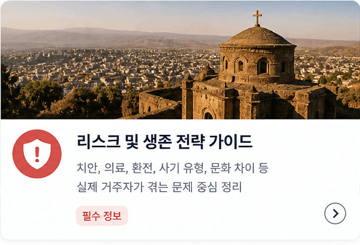 리스크 및 생존 전략 가이드 치안, 의료, 환전, 사기 유형, 문화 차이 등 실제 거주자가 겪는 문제 중심 정리 필수 정보