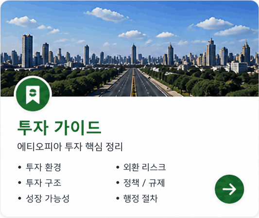 투자 가이드 에티오피아 투자 핵심 정리 • 투자 환경 • 투자 구조 • 성장 가능성 • 외환 리스크 • 정책 / 규제 • 행정 절차