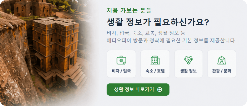 처음 가보는 분들 생활 정보가 필요하신가요? 비자, 입국, 숙소, 교통, 생활 정보 등 에티오피아 방문과 정착에 필요한 기본 정보를 제공합니다.