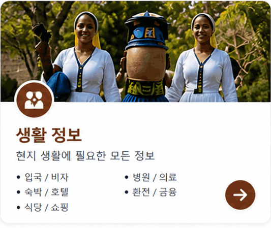 생활 정보 • 입국 / 비자 • 숙박 / 호텔 • 식당 / 쇼핑 • 병원 / 의료 • 환전 / 금융