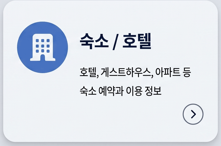 숙소 / 호텔 호텔, 게스트하우스, 아파트 등 숙소 예약과 이용 정보