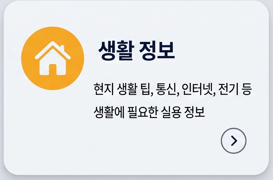 생활 정보 현지 생활 팁, 통신, 인터넷, 전기 등 생활에 필요한 실용 정보